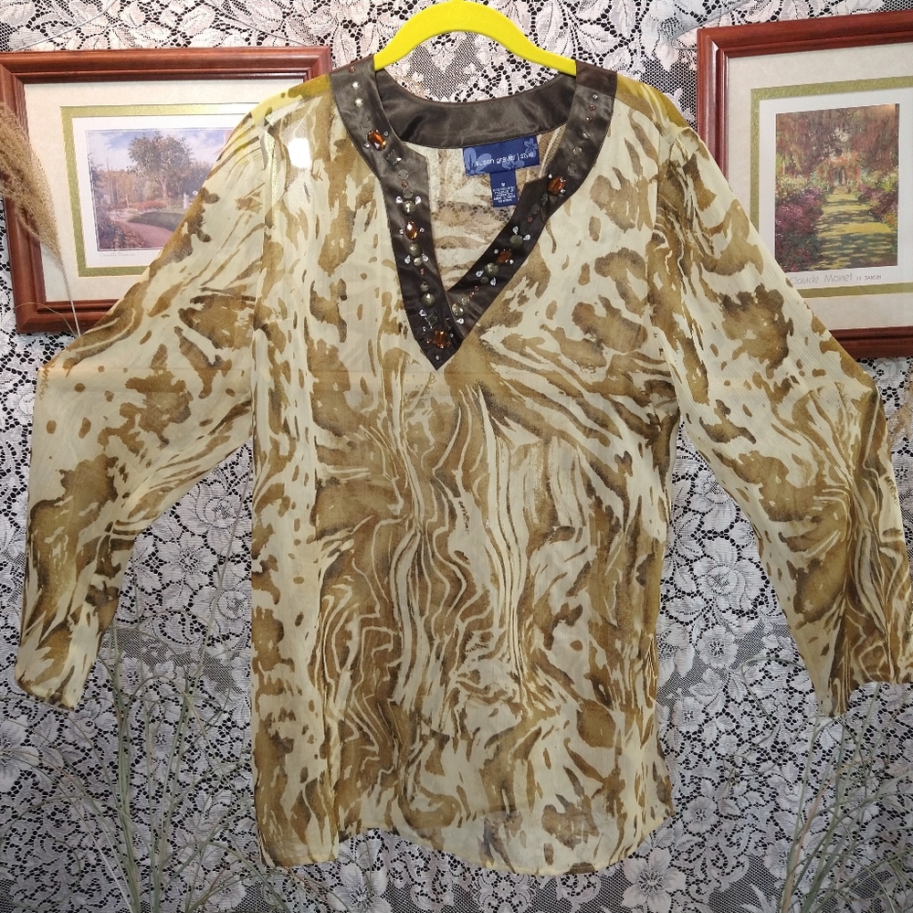Susan Graver sheer tunic tiger print offset neckline bead sequin embellishments